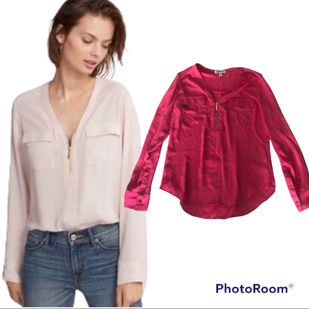 Express hot pink long sleeve blouse front zipper detail front pockets